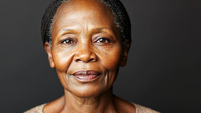 A dignified older African woman with natural textured hair and deep-set eyes, radiating confidence and wisdom. A striking portrait celebrating aging, beauty, and resilience.