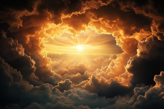 Dramatic sunset breaking through stormy clouds in sky