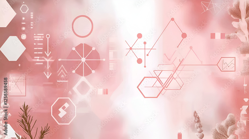 Poster Abstract Pink and White Geometric Design: A dreamy, abstract composition featuring geometric shapes, lines, and floral elements in soft pink and white hues.