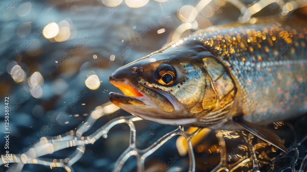 Aufkleber A vibrant trout rests in a net with glistening water droplets around it. Sunlight highlights its scales, creating a beautiful visual display in the early morning light.