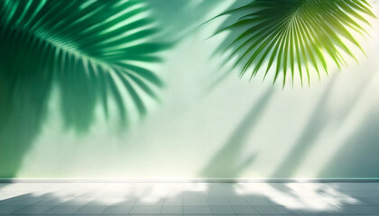 blurred shadow of palm leaves on a white wall with green lighting fixtures summary minimal history for a product presentation summer and spring seasons