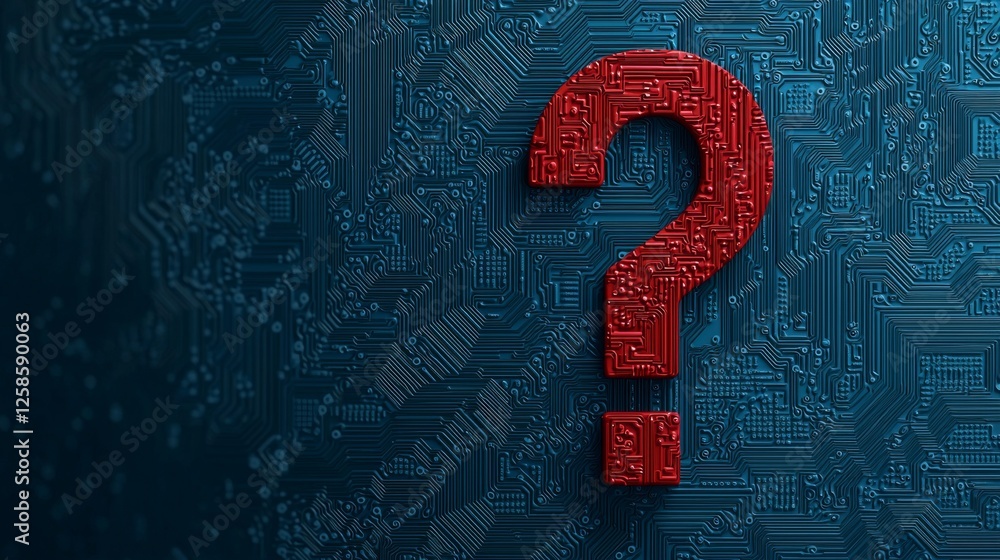 Poster a striking red question mark on a blue circuit-patterned background, symbolizing inquiry and technol
