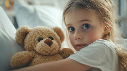 A close-up of a young girl hugging a teddy bear, showcasing innocence and comfort