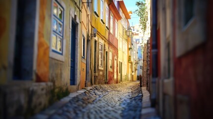 Fototapeta premium Charming Cobblestone Alleyway in Lisbon, Portugal: A Glimpse into Colorful European Architecture