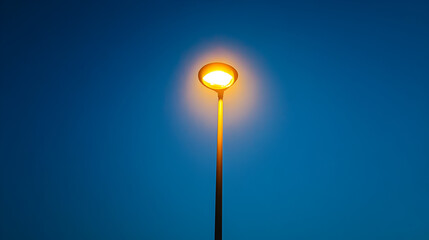 Solitary Streetlight: A single streetlight illuminates the deep twilight blue sky, its warm golden light a beacon in the darkening evening.  