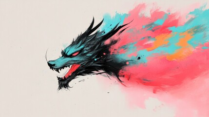 Fierce digital painting of a wolf's head, rendered in shades of teal, black, and red, set against a vibrant pink and blue backdrop.