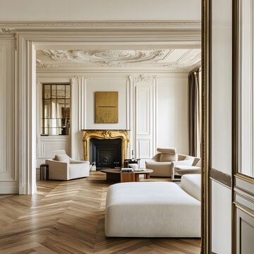 Chic parisian apartment living room with fireplace and elegant herringbone flooring design