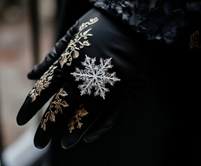 Obraz premium Winter's Elegance: A close-up shot of a black leather glove adorned with delicate gold floral embroidery and a single, intricately detailed snowflake.