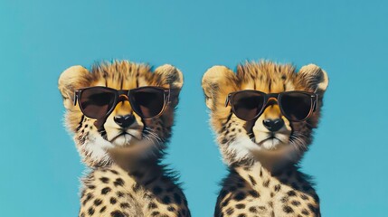 A pair of cheetah cubs donning sunglasses against the backdrop of a clear blue sky