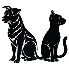 Silhouette of cat and dog on white background