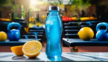 Generated image. Bebida energética deportiva en botella con gotas de sudor