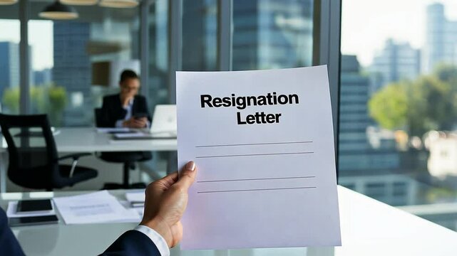 A professional woman hands in her resignation in a sleek office overlooking the city skyline.