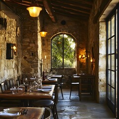 Mediterranean restaurant interior featuring stone wall and wooden dining table with rustic decor
