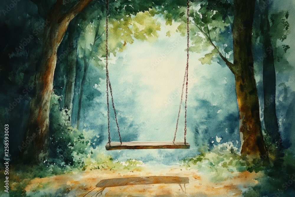 Poster watercolor painting of an empty swing hanging from a tree in a peaceful forest, creating a serene an
