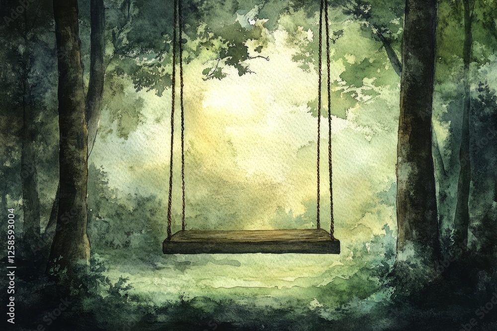 Poster watercolor painting of an empty swing hanging from a tree in a peaceful forest, creating a serene an