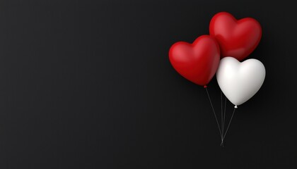 Three colorful heart-shaped balloons floating against a dark background.