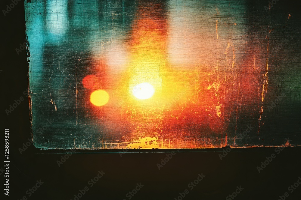 Poster light of setting sun reflecting on a dirty window creating a colorful abstract