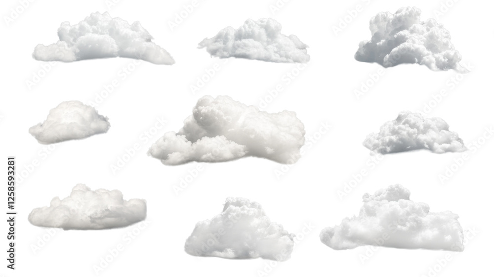 Poster set of realistic white clouds floating on transparent background