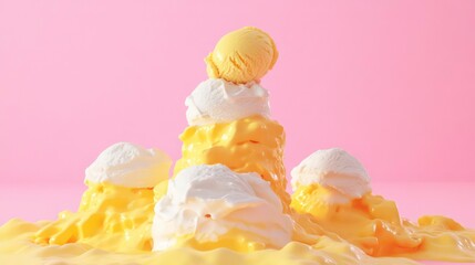 A scoop of ice cream atop two piles of yellow and white ice cream