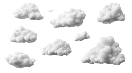 Set of realistic white clouds floating on transparent background