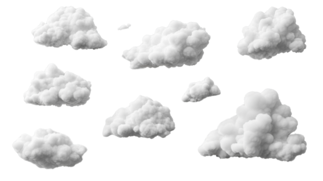 Set of realistic white clouds floating on transparent background