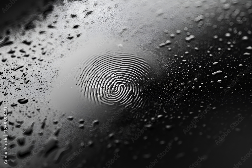 Poster fingerprint in rain: abstract close-up shot of a fingerprint imprinted on a rain-covered surface, cr