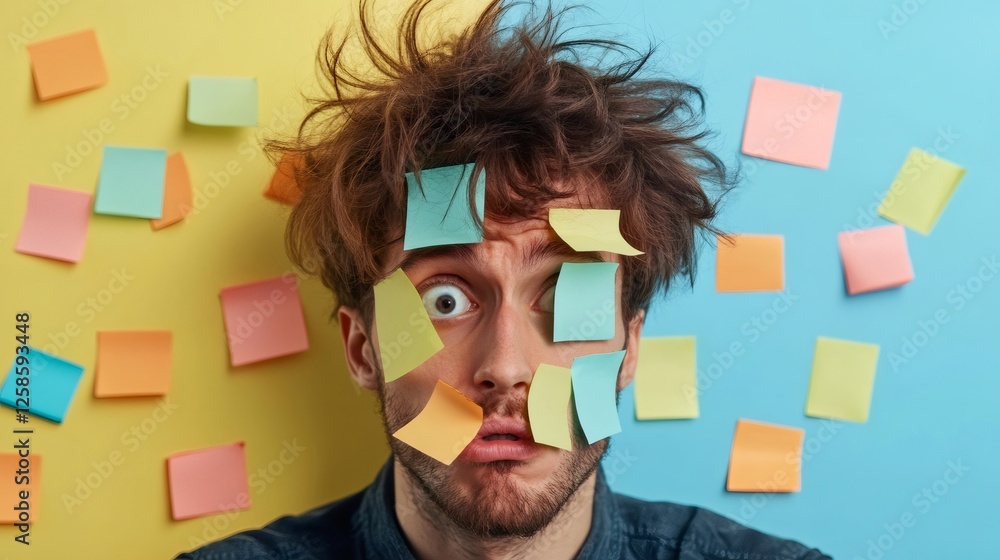 Poster frustrated man surrounded by colorful sticky notes, symbolizing multitasking and stress in a chaotic