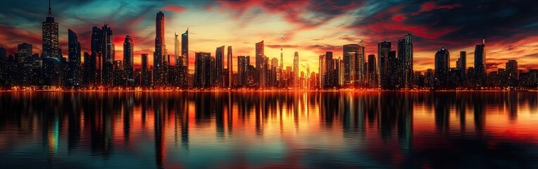 City skyline during a vibrant sunset reflection.
