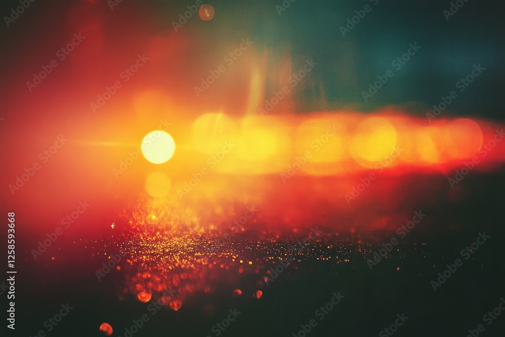 Poster abstract background with glittering particles reflecting warm red and orange lights creating a beaut