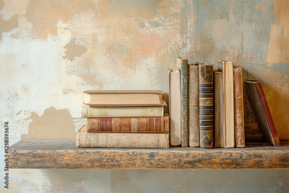 Aufkleber Rustic wooden shelf displaying a stack of vintage books with space for custom text and a textured wall background. Generative AI