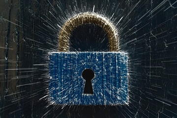 Cybersecurity Lock: A stylized blue padlock with a golden shackle, radiating energy lines, symbolizes digital security and data protection against cyber threats.