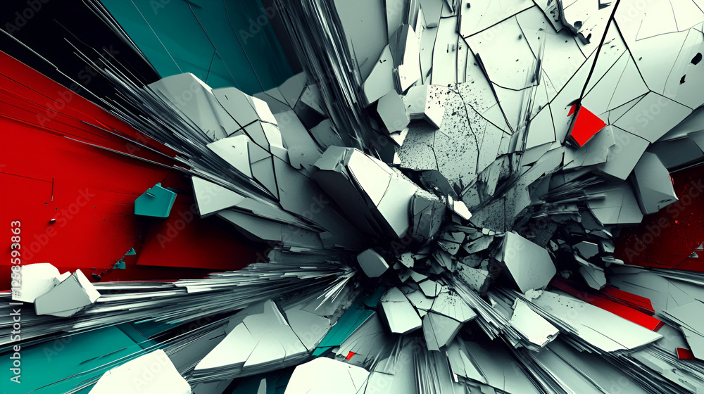 Poster shattered reality: abstract 3d rendering of exploding geometric shapes in vibrant red, teal, and gre