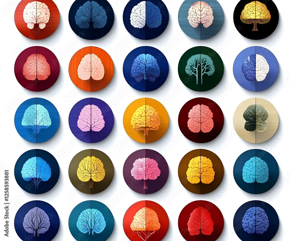 Poster brain tree collection: a vibrant collection of circular icons featuring the interplay between a brai