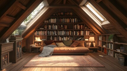 Cozy attic loft with wooden beams featuring a bed bookshelf bookcase and comfortable couch