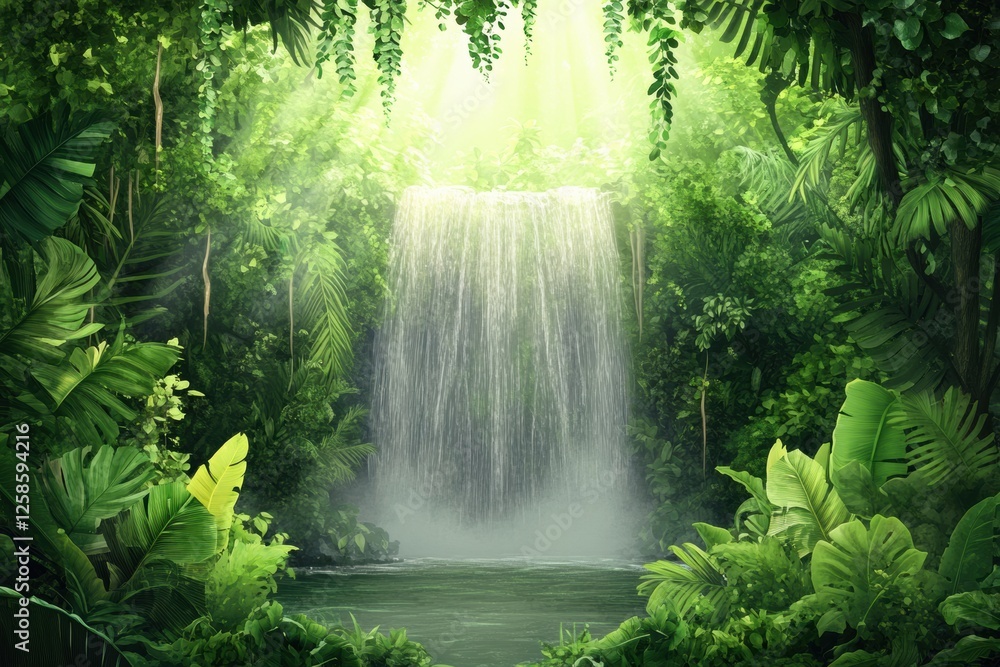 Poster majestic waterfall cascading through lush rainforest greenery in bright daylight. generative ai