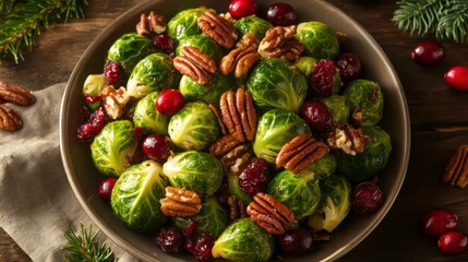 Fototapeta premium A tight shot of a plate filled with Brussels sprouts, cranberries, and pecans