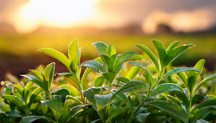 close up of fresh stevia plant leaves with dewdrops in a sunny morning field stevia leaves plant