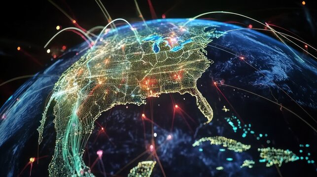 Global network connections over North America.