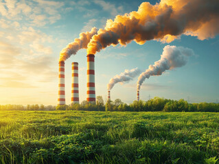 Factory chimney smoke pollution on green field meadow with dramatic sunset sky industrial emission