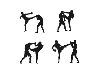 Muay Thai fighter illustration with silhouette. muay thai fighter silhouette logo. Different action, pose. Muay Thai, kickboxing vector silhouettes set on a white background.
