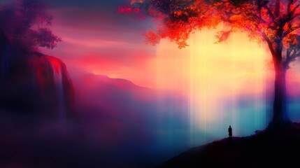 Fototapeta premium Silhouette of a person gazing at a vibrant sunset over a misty landscape with a waterfall and tree. Warm, surreal colors paint the scene.