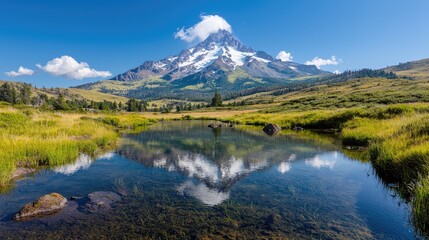 Fototapeta premium Mountain reflection in calm lake, sunny day, scenic landscape