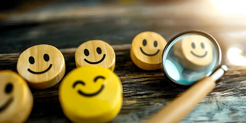 Happiness Magnified: Wooden smiley faces, one subtly different, sit on a rustic wooden surface, viewed through a magnifying glass.