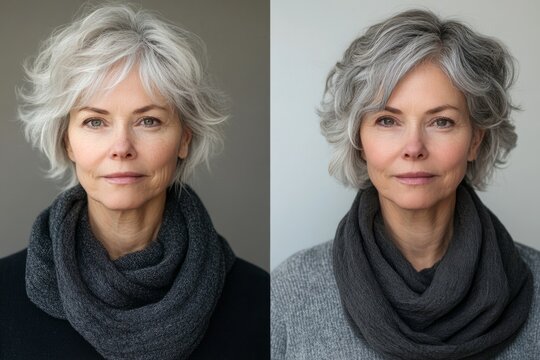 Before and after retouching of a portrait of a beautiful senior woman with gray hair wearing a scarf