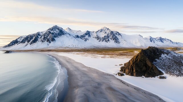 Snowy Beach and Mountain Aerial View Winter Seascape