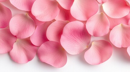 Obraz premium Pink rose petals scattered on white background, romantic backdrop