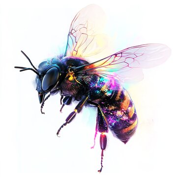 Vibrant Rainbow Bee Digital Art Abstract Insect Nature Colorful Wings Detailed Closeup Fantasy Artistic Illustration Graphic Design Element Honeybee  