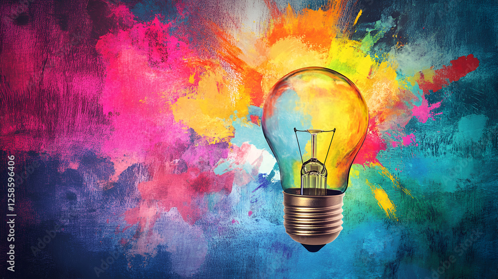 Poster illuminating creativity: a bright, glowing lightbulb bursts forth from a vibrant explosion of color,
