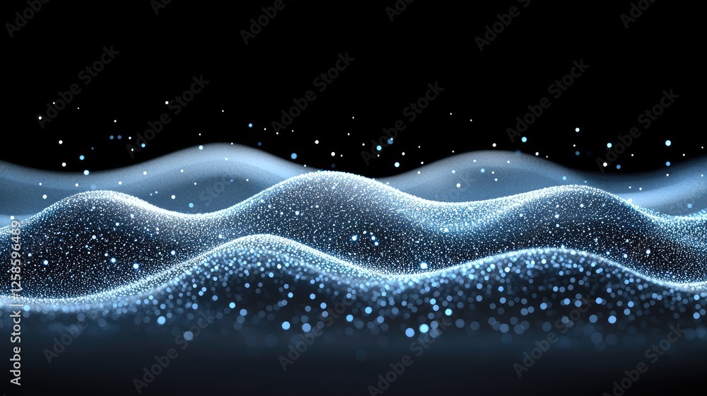 Poster glowing particles form soft waves that shimmer under dim lighting, creating a tranquil and captivati