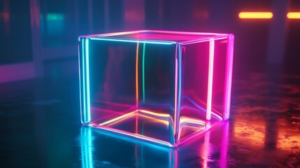 A clear glass cube with light shining through, casting colorful reflections on the surface